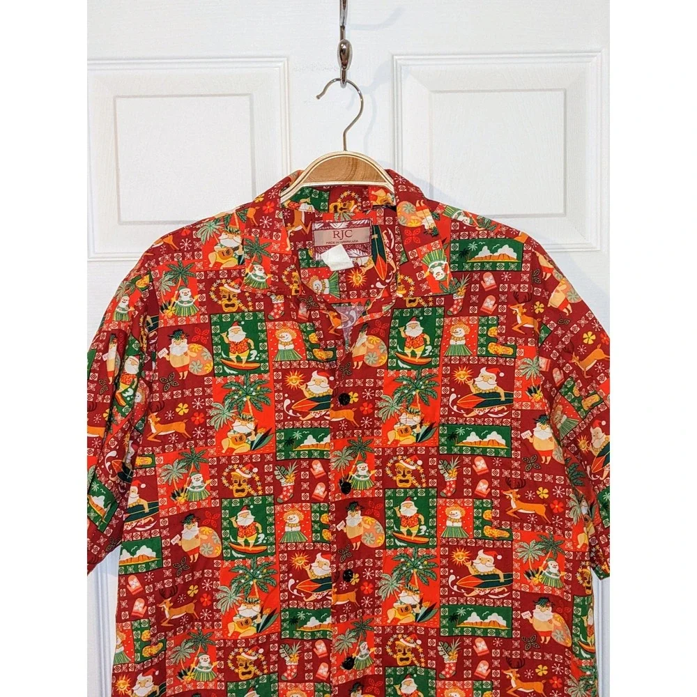 RJC Hawaiian Christmas Shirt Santa Surfing Aloha Holiday Party Red L Made in USA
